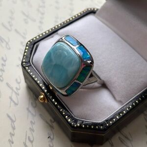 Big Larimar & Blue Opal Sterling Silver Ring Size 10.25
